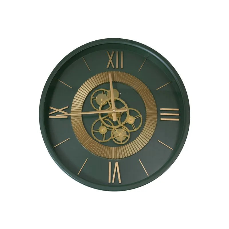 Reloj de pared Ingranaggi de metal, 55 cm de diámetro, color verde, con diseño de engranajes visibles.