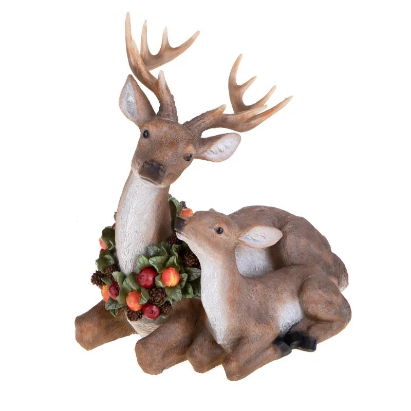 Figura decorativa de un reno adulto con una cría, de color neutro y diseño italiano, con 41 cm de altura.