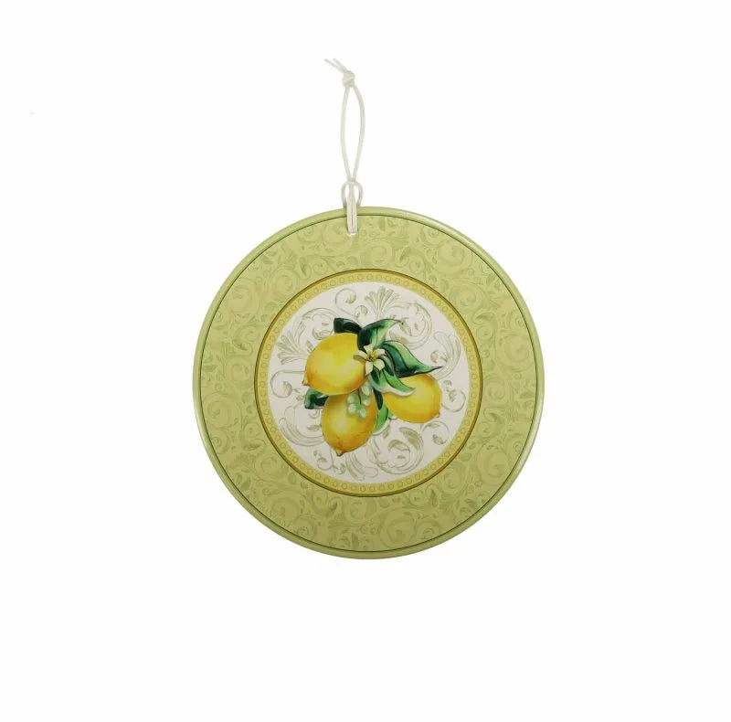 Salvamanteles redondo de cerámica con diseño de limones sobre base de corcho, de Brandani Gift Group.