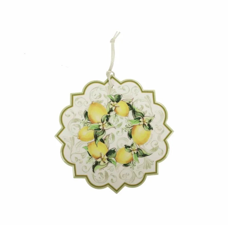 Salvamanteles de cerámica con diseño de limones y base de corcho, dimensiones 20x20 cm.