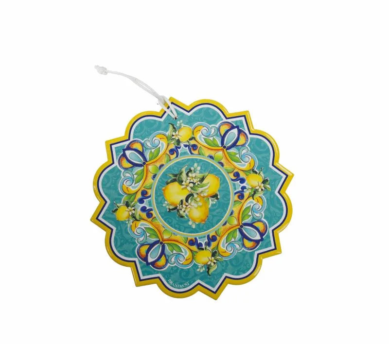 Salvamanteles redondo de cerámica con diseño Citrus Tiffany y base de corcho.