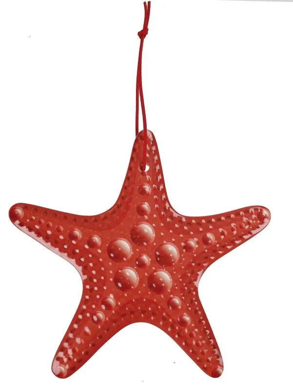Salvamanteles redondo azul con diseño de estrella de mar en cerámica y base de corcho.
