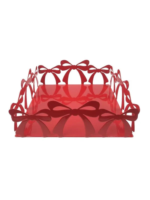 Servilletero Brandani de cerámica roja con un lazo decorativo, dimensiones 17x17 cm.