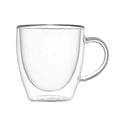 Set de 2 tazas de vidrio borosilicato con doble pared y platos a juego, presentadas sobre un fondo neutro.