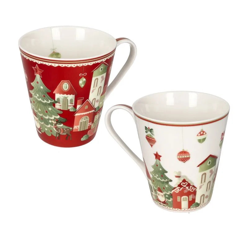 Set de 2 tazas "Villaggio In Festa" de cerámica con diseño navideño italiano.