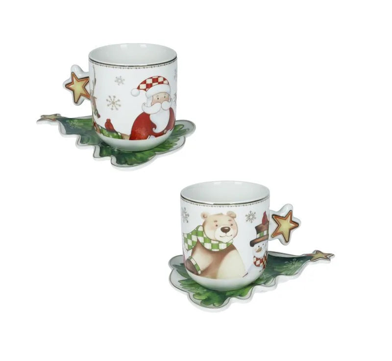 Set de taza con plato de cerámica de la colección Racconti, con un diseño inspirado en árboles y motivos navideños.