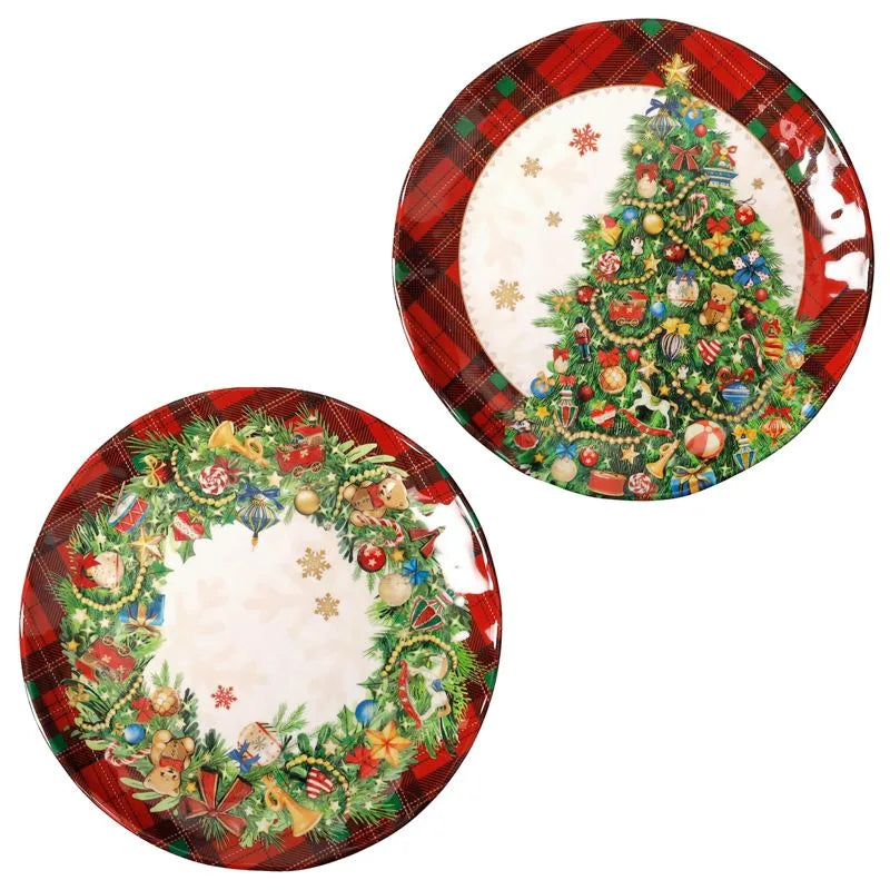 Set de 2 platos de postre de melamina con diseños navideños surtidos, ideal para celebraciones.