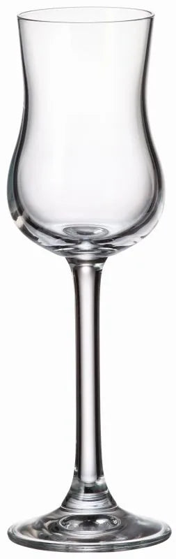 Set de 2 copas de grappa de cristal transparente, con base y cuerpo estilizados, presentadas juntas sobre un fondo neutro.
