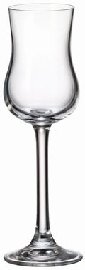 Set de 2 copas de grappa de cristal transparente, con base y cuerpo estilizados, presentadas juntas sobre un fondo neutro.