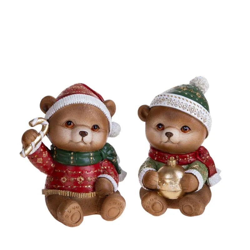Set de dos ositos navideños de cerámica blanca, con detalles en rojo y verde, estilo Brandani.