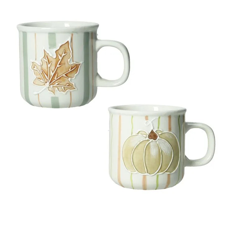 Set de 2 tazas de café Zucca y Hoja Uva, con diseño de calabaza y hoja de parra.