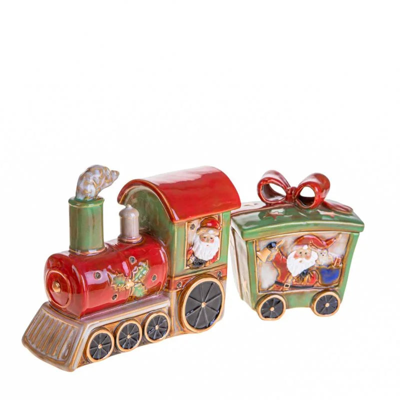 Tren navideño de dos piezas con vagón y 7 luces LED, dimensiones 36 x 10 x 20 cm.