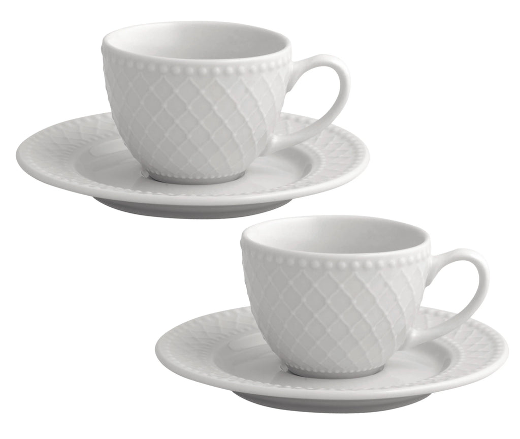 Set de 2 tazas de café de cerámica blanca con detalles dorados en relieve, modelo Burlesque de Brandani.