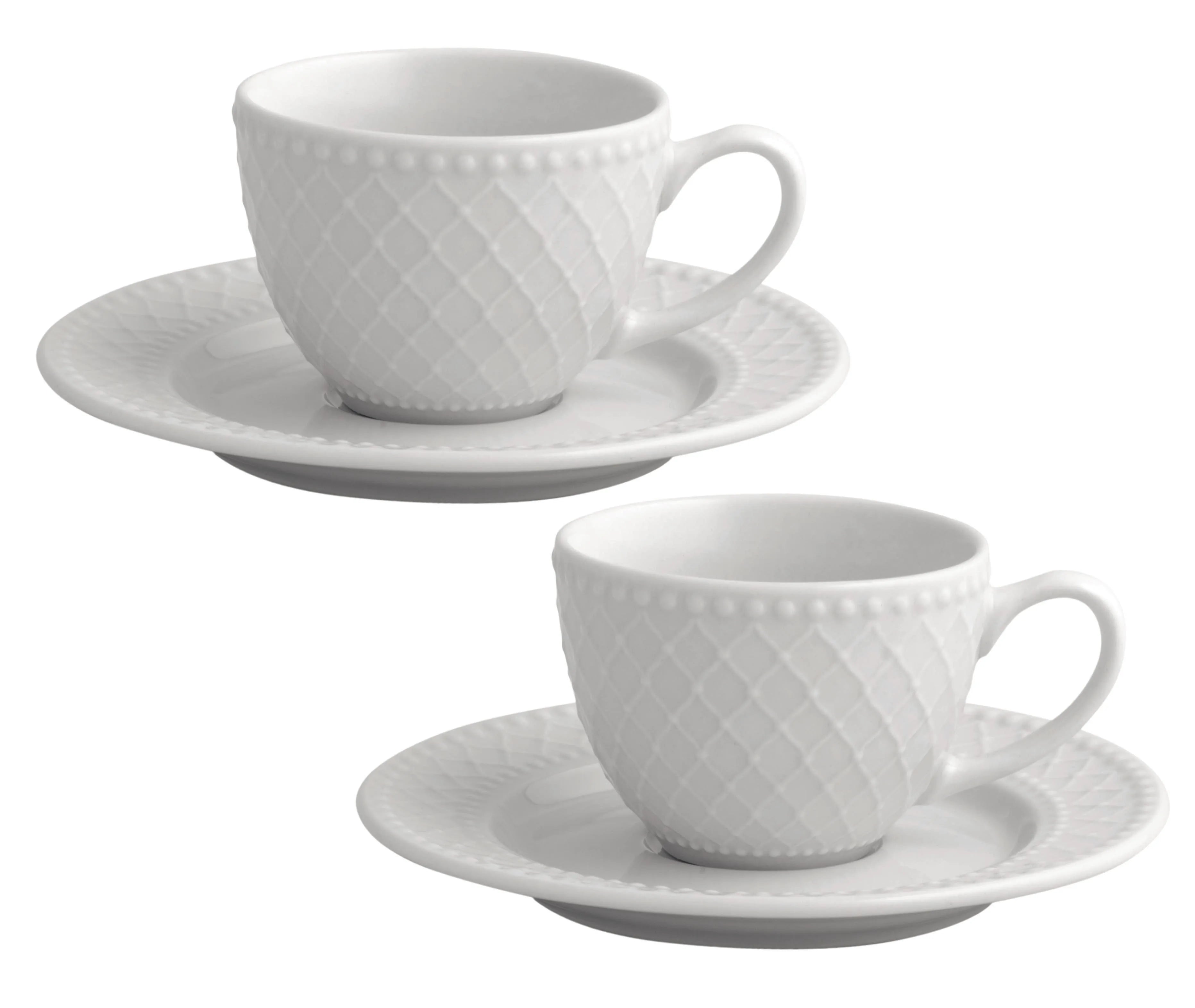 Set de 2 tazas de café de cerámica blanca con detalles dorados en relieve, modelo Burlesque de Brandani.