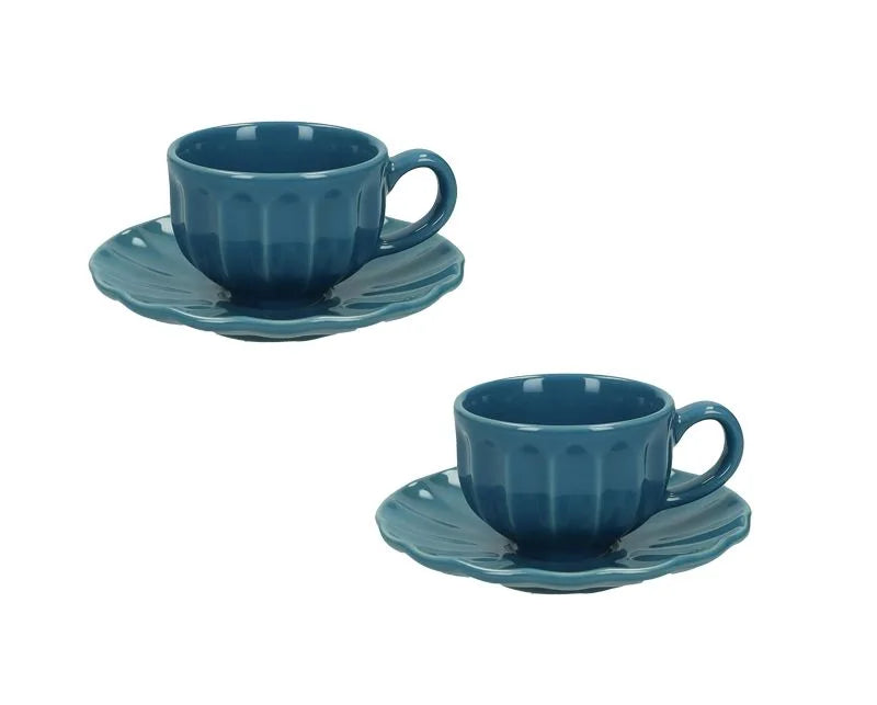 Packshot de un set de 2 tazas de café de cerámica azul, colección Calipso.