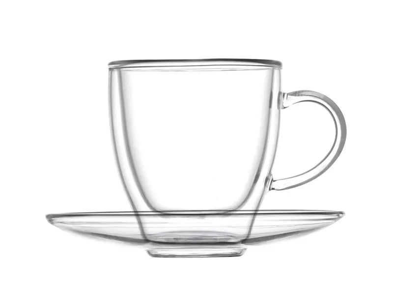 Set de 2 tazas de borosilicato con doble pared y sus platos a juego, presentadas sobre fondo blanco.