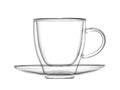 Set de 2 tazas de borosilicato con doble pared y sus platos a juego, presentadas sobre fondo blanco.