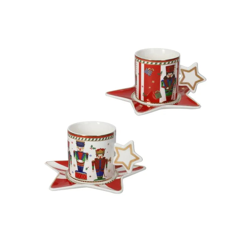 Set de 2 tazas de espresso y platos de porcelana italiana, colección Lo Schiaccianoci, con diseño navideño.