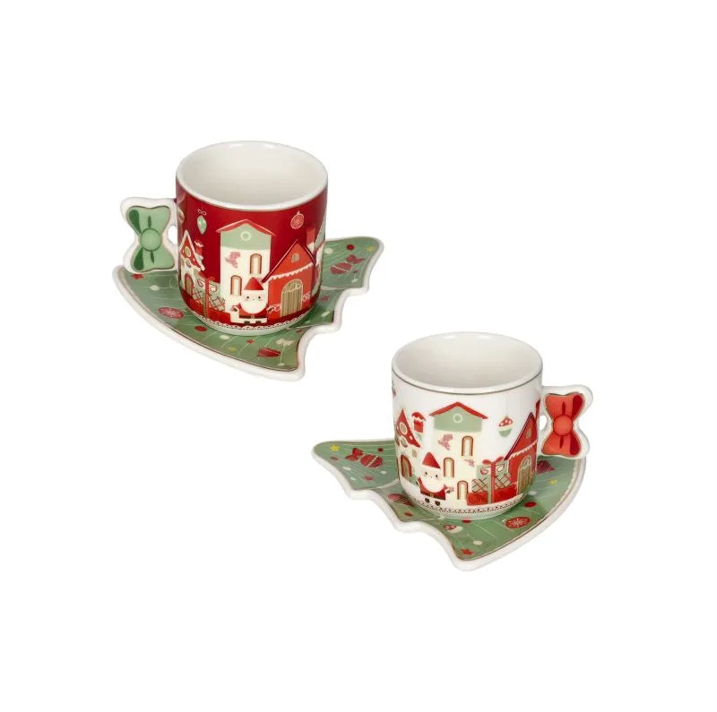 Set de 2 tazas de espresso con plato de cerámica, colección Villaggio In Festa, con diseño navideño italiano.