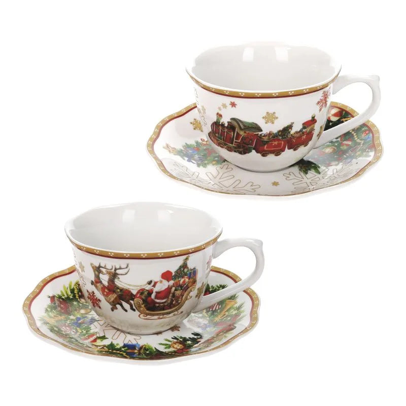 Set de 2 tazas de té con plato, colección Christmas, con diseño festivo.