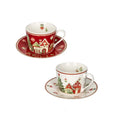 Set de 2 tazas de té con plato de cerámica, colección Villaggio In Festa, con diseño navideño italiano.