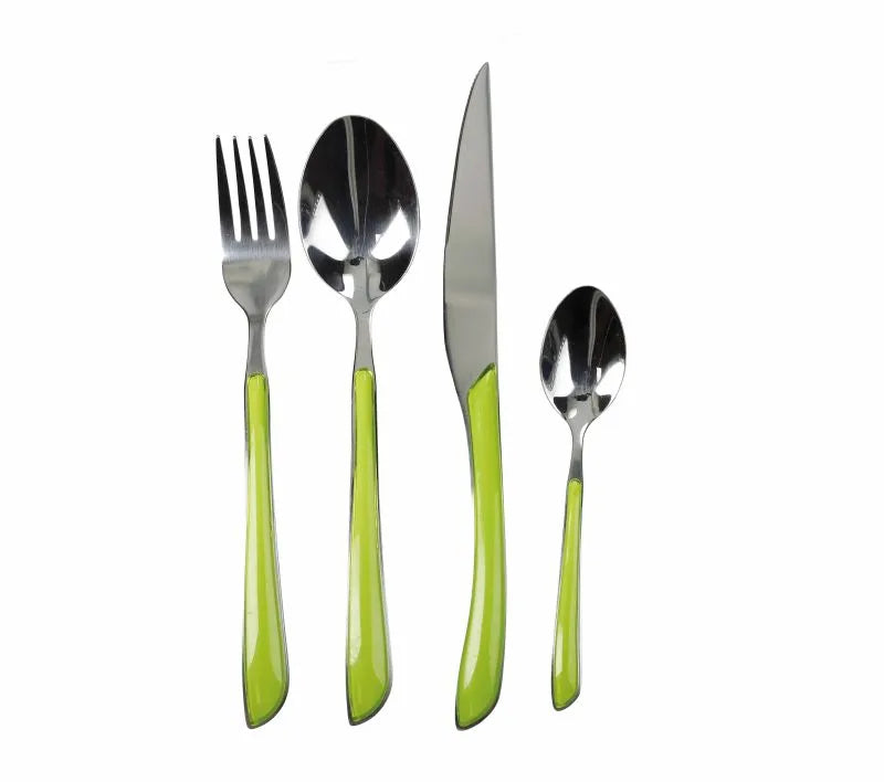 Set de 24 cubiertos LIME, compuesto por tenedores, cuchillos, cucharas y cucharillas, con un diseño moderno y acabado en.