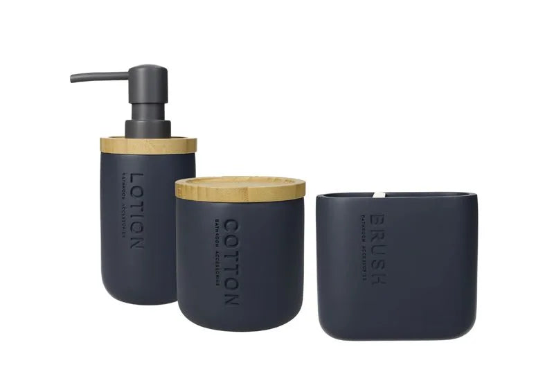 Set de 3 accesorios para baño en color negro, mostrando un diseño moderno y funcional.
