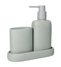 Set de 3 accesorios para baño en color verde, incluyendo un dispensador, un vaso y un jabonero.