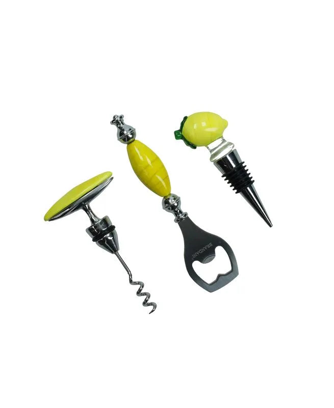 Set de 3 piezas para vino Lemon de Brandani, mostrando los accesorios de servicio.