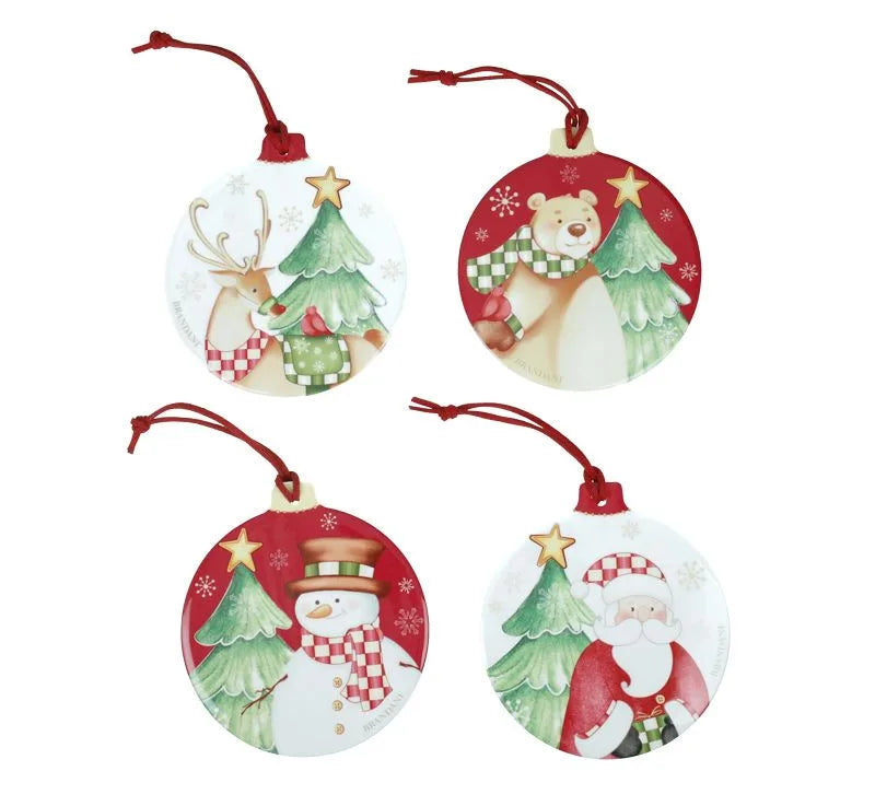 Set de 4 posavasos redondos de cerámica blanca con motivos navideños de la colección Racconti de Brandani.