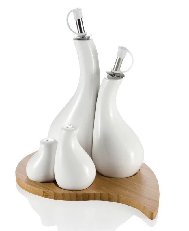 Set de 4 piezas de porcelana con soporte de bambú.