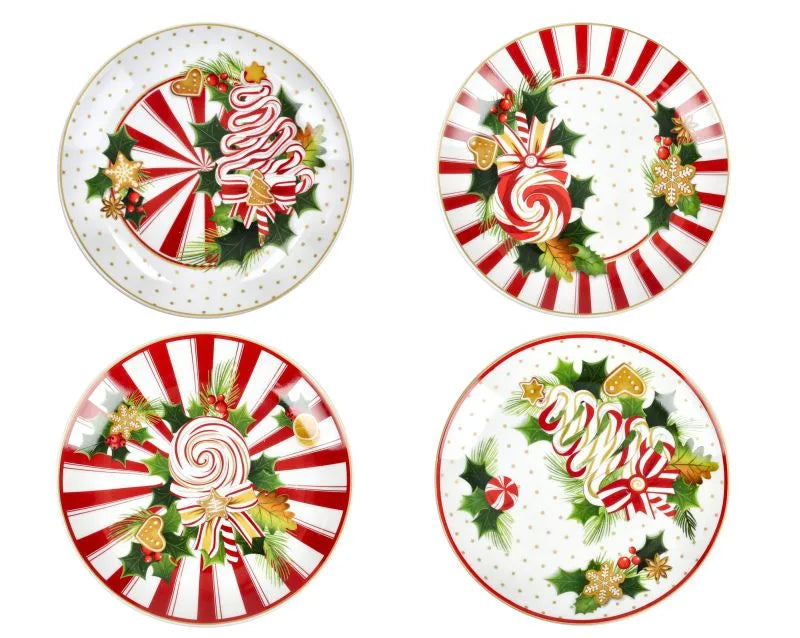 Set de 4 platos de postre Le Chicche, cada uno con un diseño distintivo y un acabado cuidado, listos para servir.
