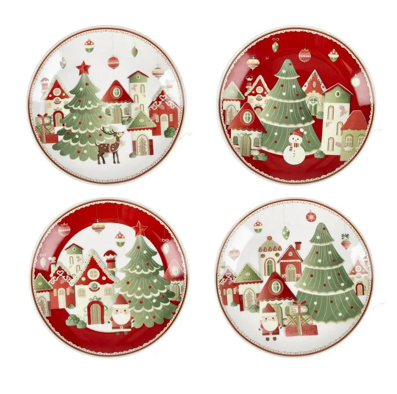 Set de 4 platos de postre de cerámica blanca con diseño navideño de un pueblo nevado, colección Villaggio In Festa.