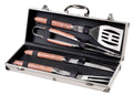Set de 4 piezas para barbacoa en acero inoxidable, mostrando las herramientas de cocina para exterior.