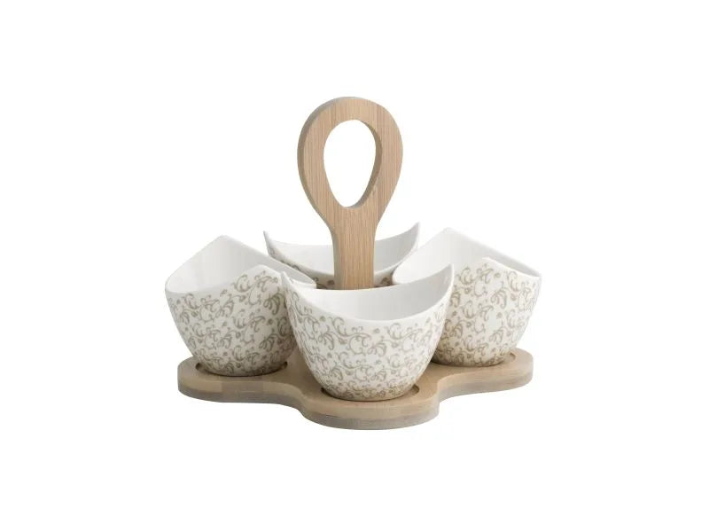 Set de 4 entremeseras Rizo de Hada, cada una con base de bambú natural y cuenco de porcelana.