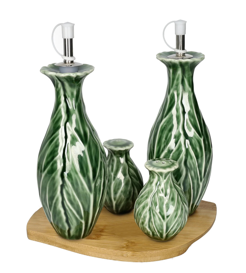 Set de 4 piezas de menaje Foglia Vegan en color verde, incluyendo una bandeja y tres cuencos, con un diseño inspirado en.