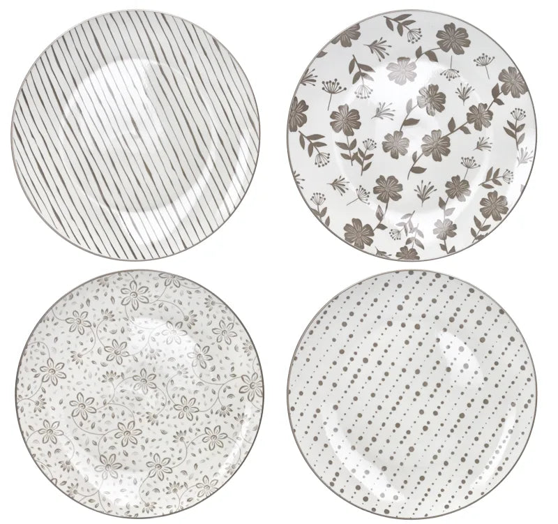 Set de 4 platos llanos Loto Tortora de cerámica en tono topo, diámetro 27 cm.