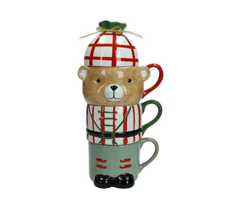 Set de 4 tazas apilables con diseño de osito de cerámica italiana.