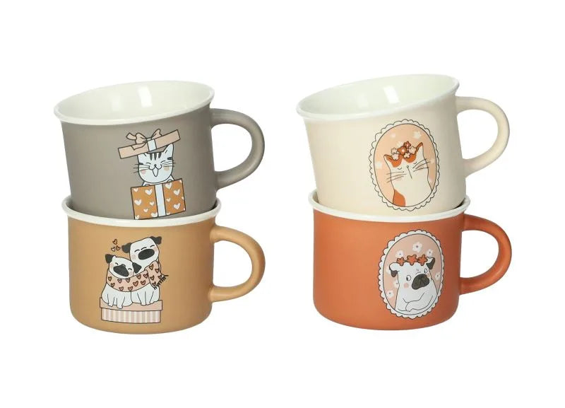 Set de 4 tazas de café Dogs & Cats en New Bone China, con diseños individuales de perros y gatos.