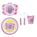 Set de 5 piezas de melamina para bebé con diseño de mariposas, compuesto por plato, bol, vaso, cuchara y tenedor.