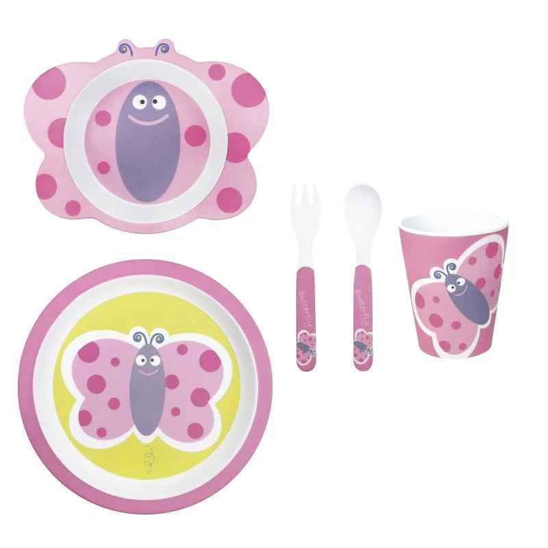 Set de 5 piezas de melamina para bebé con diseño de mariposas, compuesto por plato, bol, vaso, cuchara y tenedor.