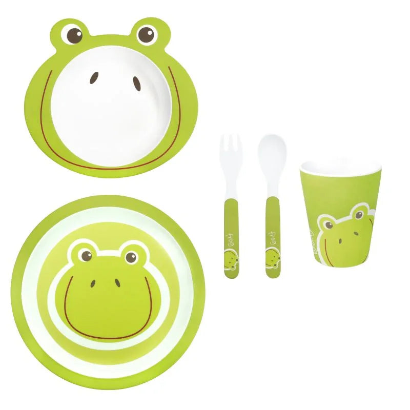 Set de 5 piezas de melamina para bebé con diseño de rana en color verde y blanco.