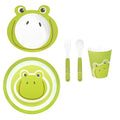 Set de 5 piezas de melamina para bebé con diseño de rana en color verde y blanco.