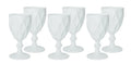 Set de 6 copas de cristal blancas con diseño facetado tipo diamante, presentadas juntas.