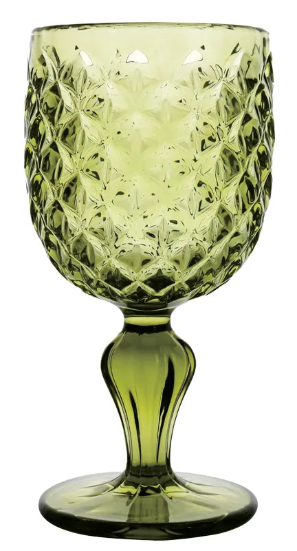 Set de 6 copas de cristal verde modelo Scudo, con base ancha y cuerpo ligeramente cónico.