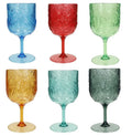 Set de 6 copas de acrílico con diseño tropical en colores surtidos, presentadas juntas.