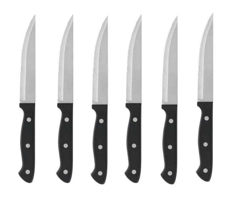 Set de 6 cuchillos para carne con hojas de acero inoxidable y mangos pulidos.