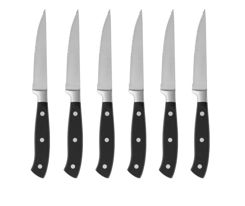 Set de 6 cuchillos de carne de acero inoxidable con mangos lisos.