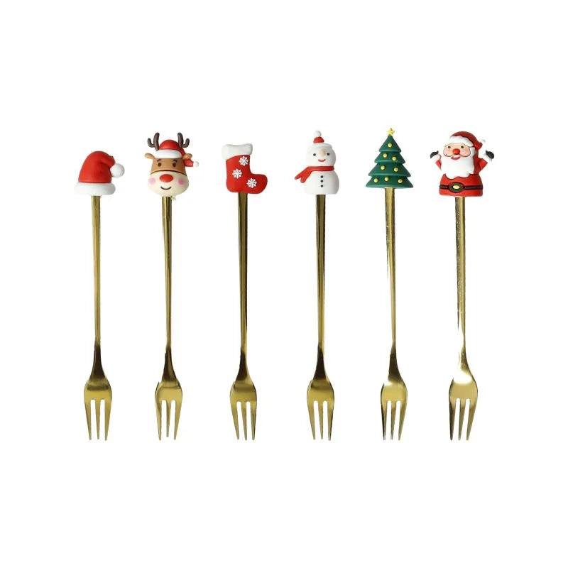 Set de 6 tenedores dorados pequeños Brandani con surtido de motivos navideños.