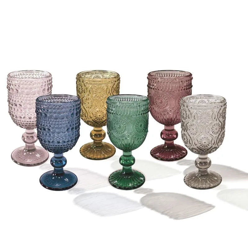 Set de 6 vasos de chupito Indie con diseño colorido y base transparente.